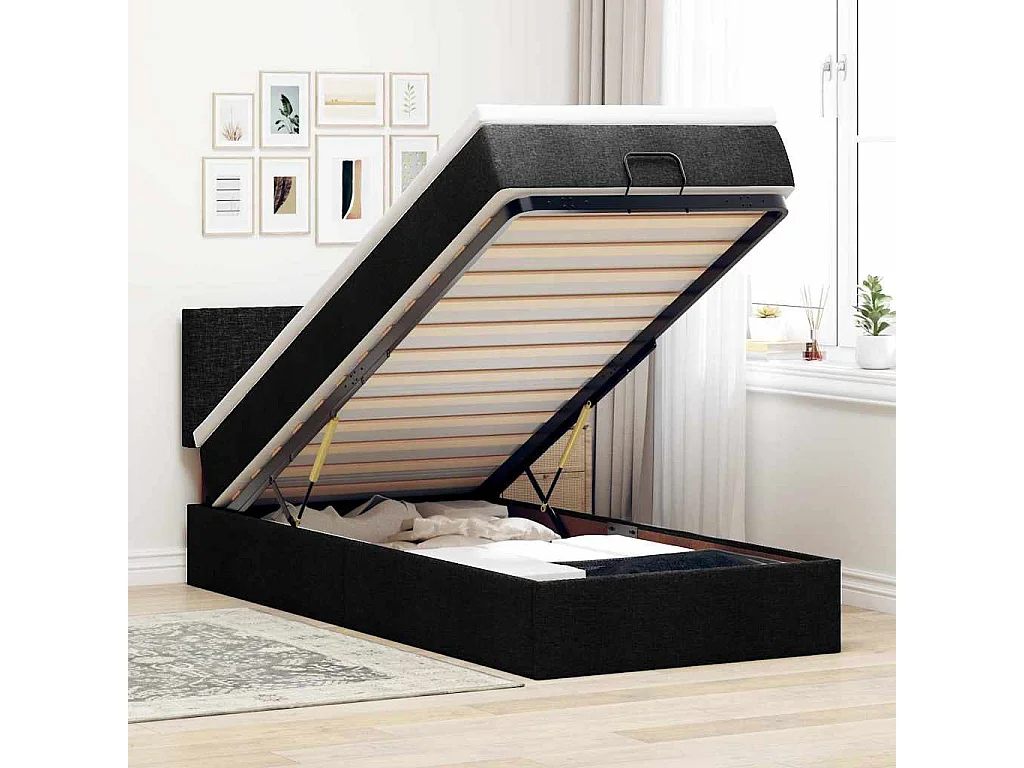 Struttura Letto Pouf con Materasso Nero 90x190 cm in Tessuto