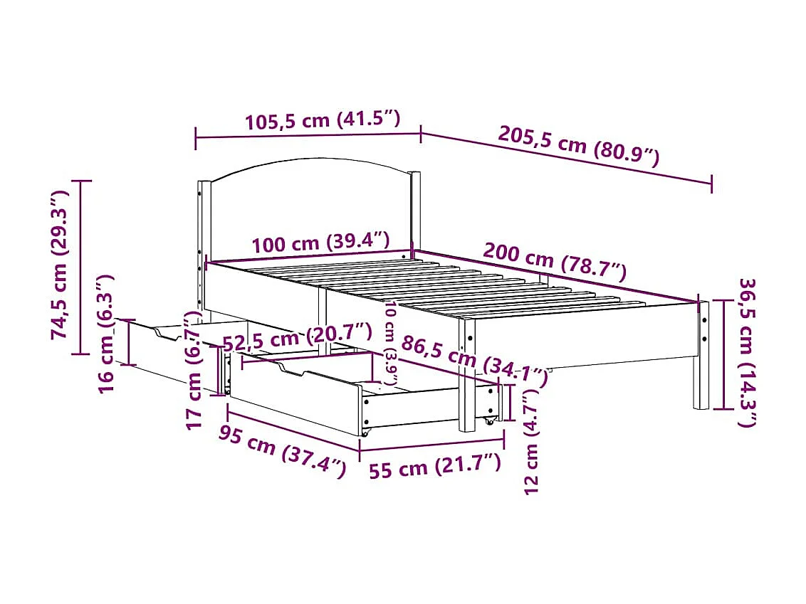 Cadre de lit sans matelas blanc 100x200 cm bois de pin massif