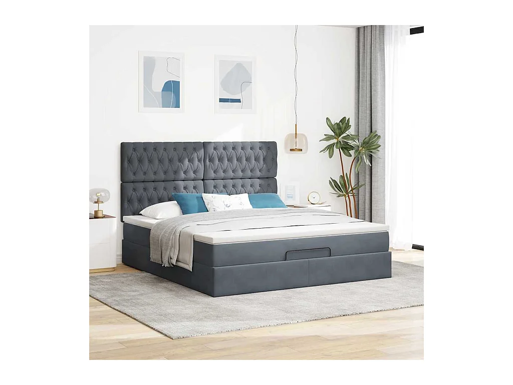 Cadre de lit ottoman avec matelas gris foncé 160x200cm velours