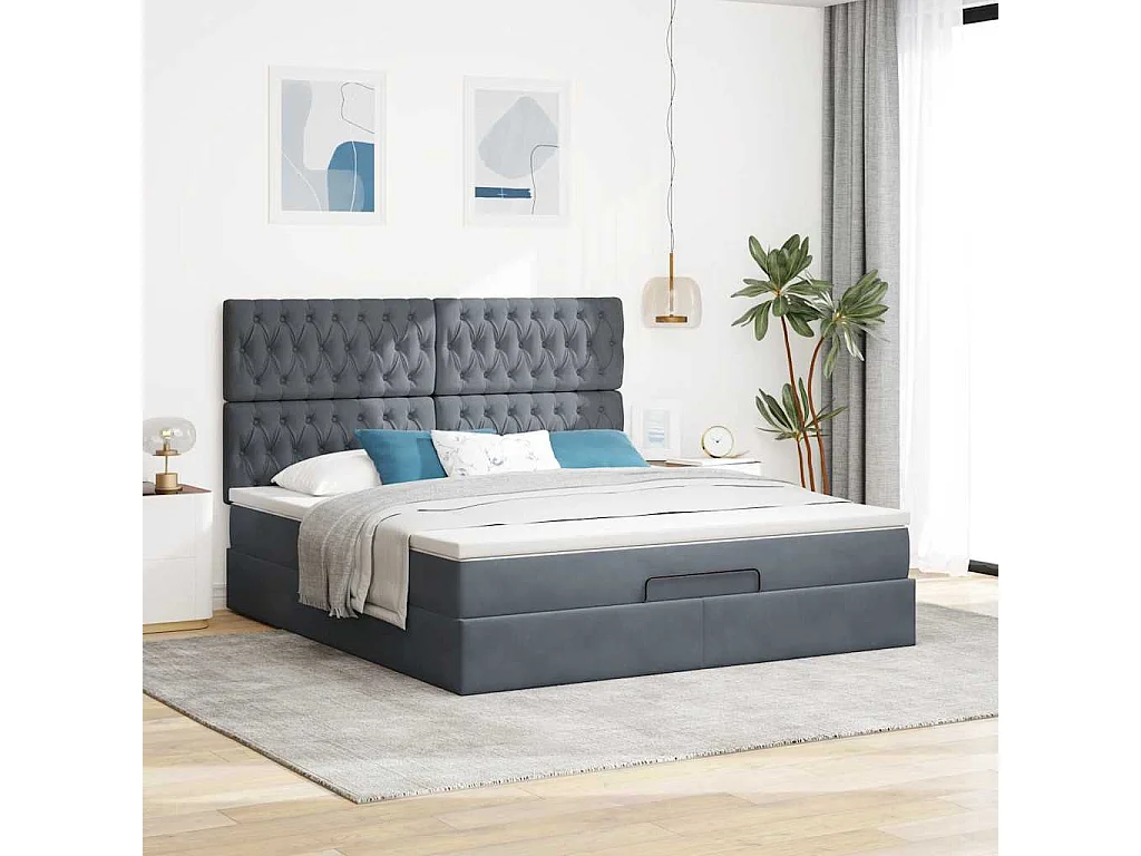 Estructura cama otomana colchones terciopelo gris oscuro