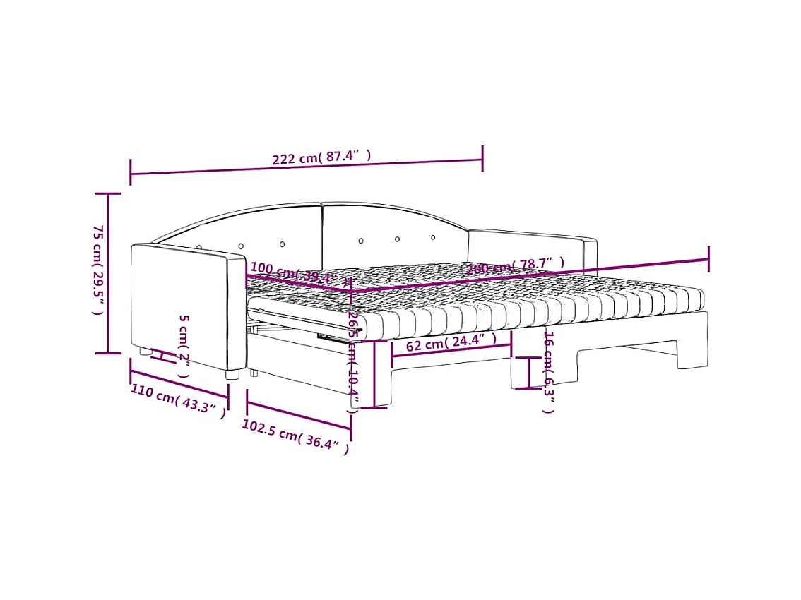 Lit de jour et gigogne et matelas gris foncé 100x200 cm velours
