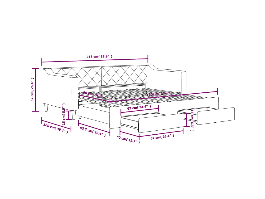 Tagesbett Ausziehbar mit Schubladen Hellgrau 90x190 cm Stoff