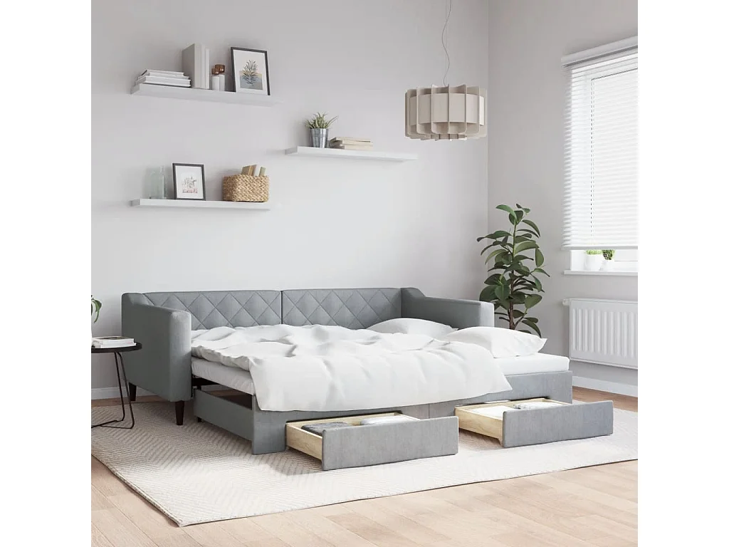 Tagesbett Ausziehbar mit Schubladen Hellgrau 90x190 cm Stoff