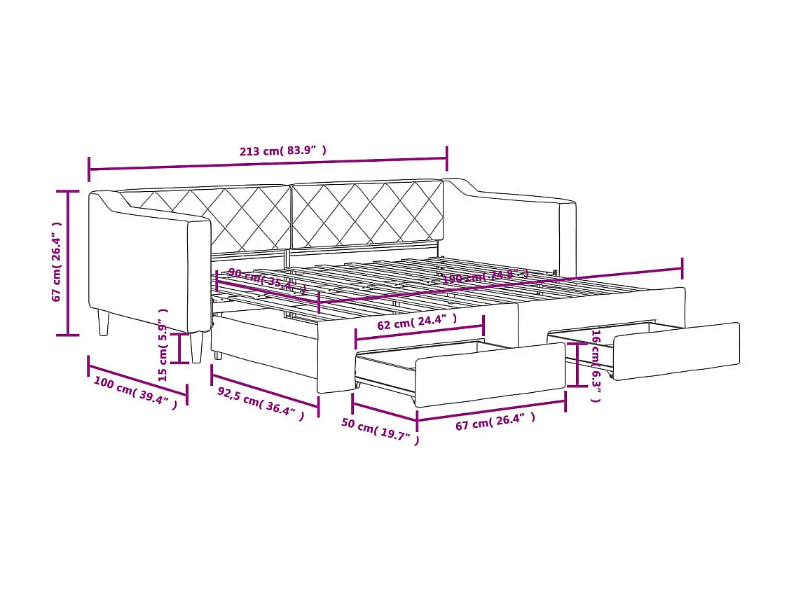 Tagesbett Ausziehbar mit Schubladen Hellgrau 90x190 cm Stoff