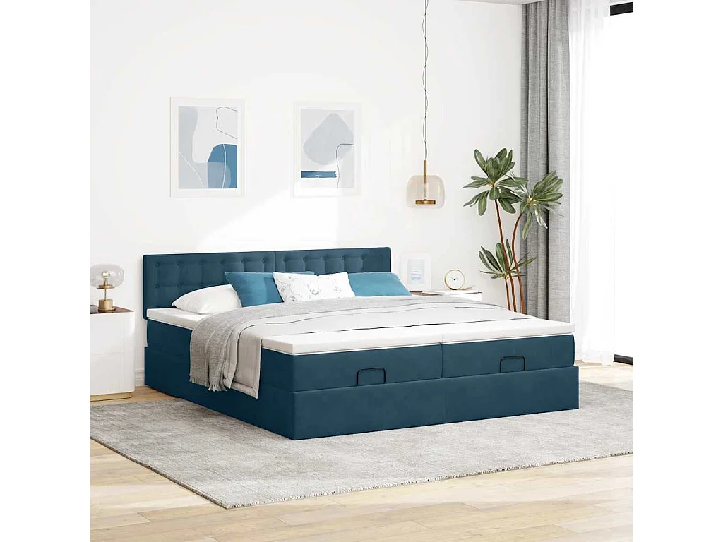 Cadre de lit ottoman avec matelas bleu foncé 180x200 cm velours