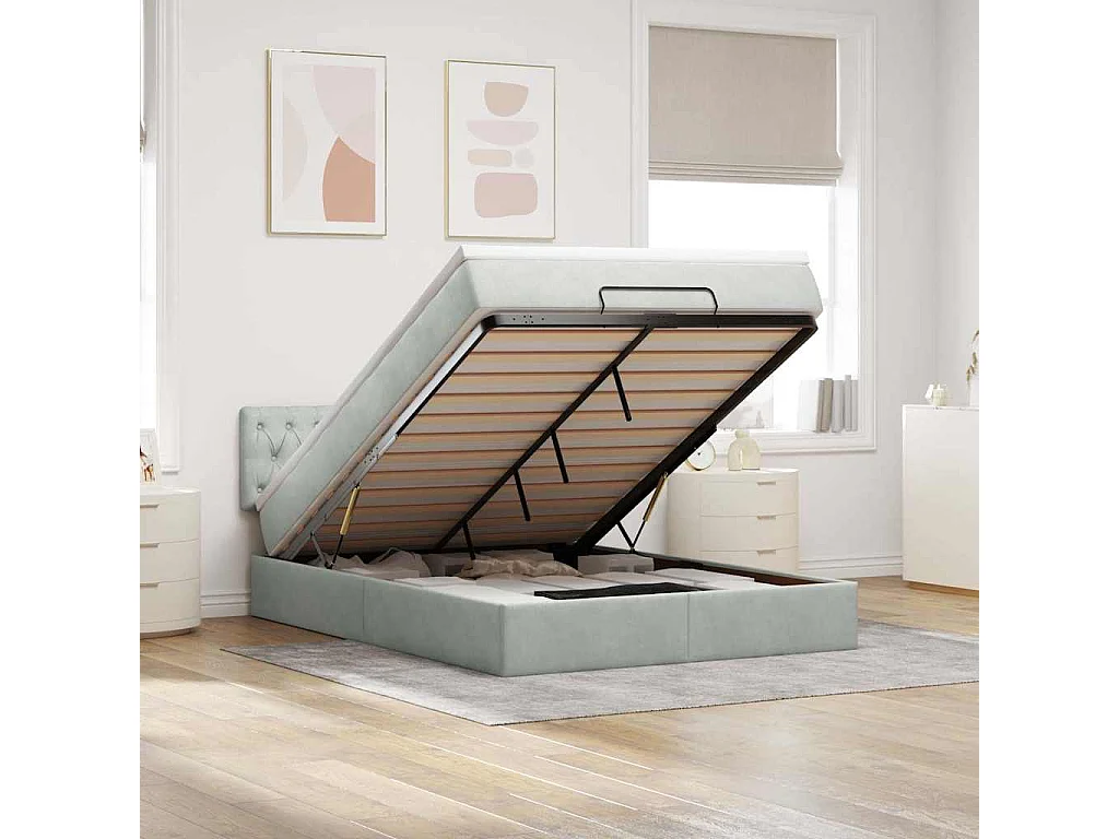 Estrutura de cama otomana com colchão 140x200 cm cinzento claro