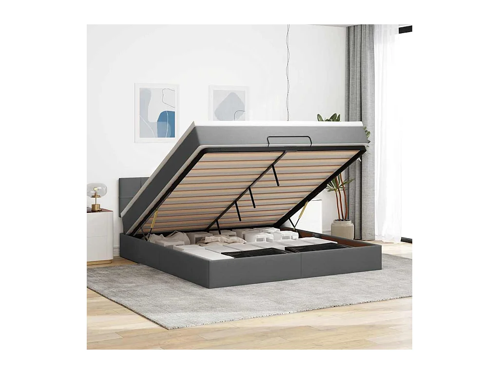 Cadre de lit ottoman avec matelas gris foncé 160x200cm tissu