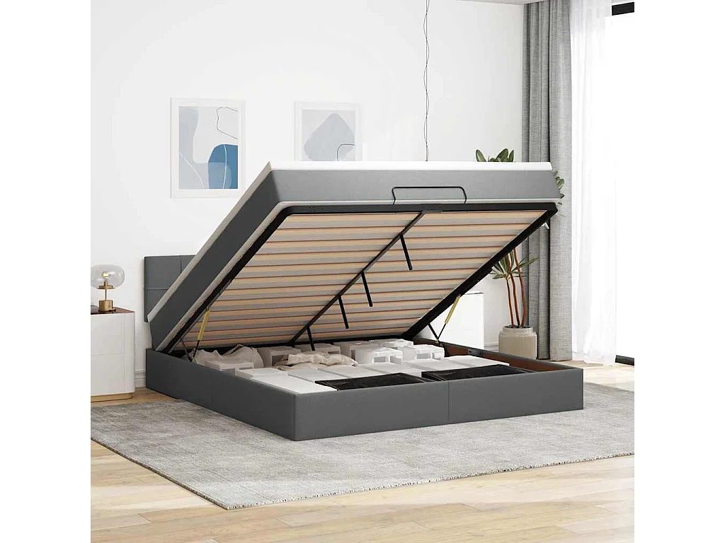 Cadre de lit ottoman avec matelas gris foncé 160x200cm tissu