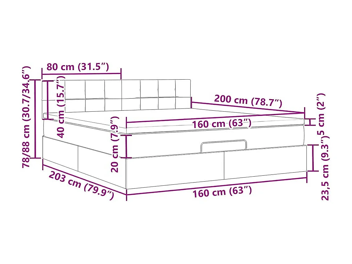 Cadre de lit ottoman avec matelas gris foncé 160x200cm tissu