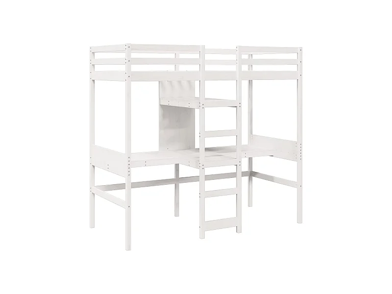 Hochbett mit Schreibtisch & Ablagen Weiß 90x200 cm Kiefernholz