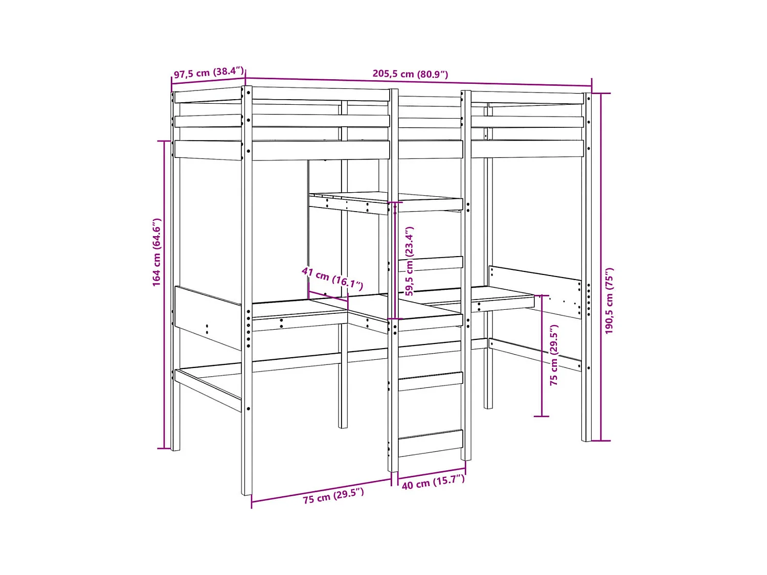 Lit mezzanine avec bureau et étagères blanc 90x200cm pin massif