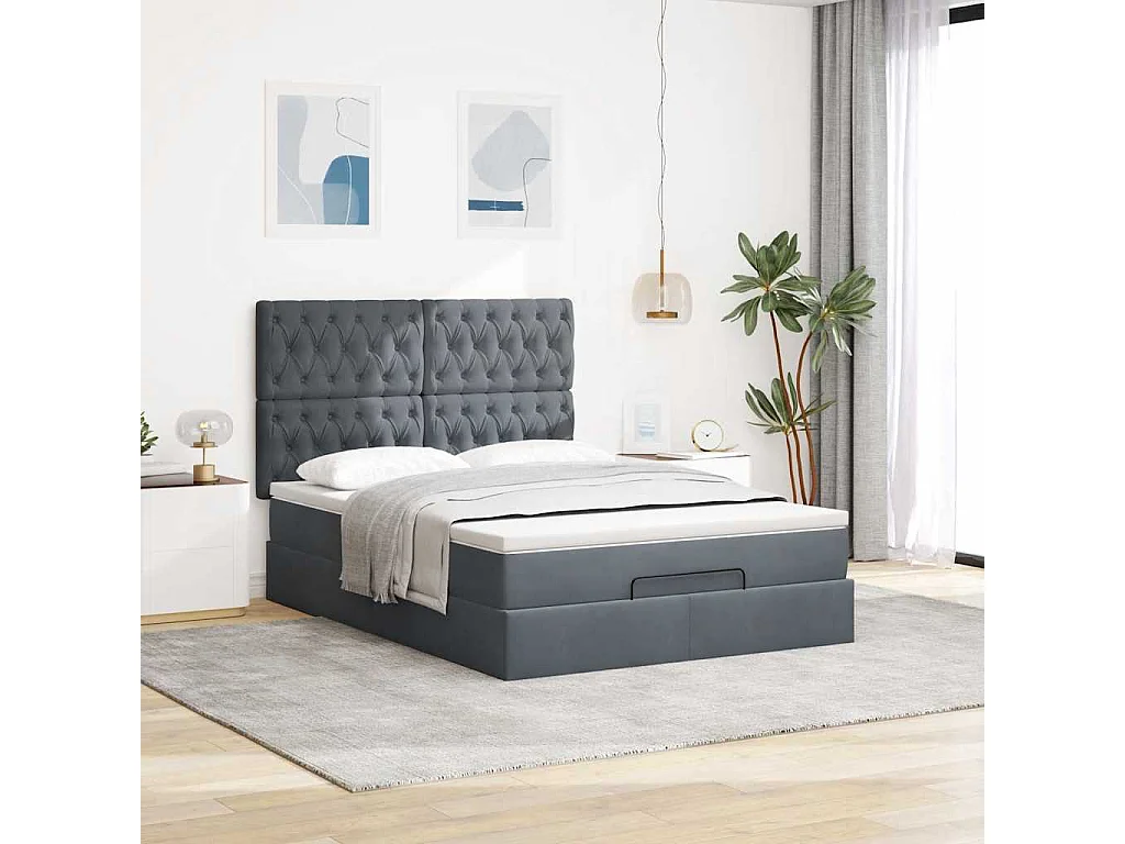 Ottoman-Bett mit Matratzen & LEDs Dunkelgrau 140x190 cm Samt