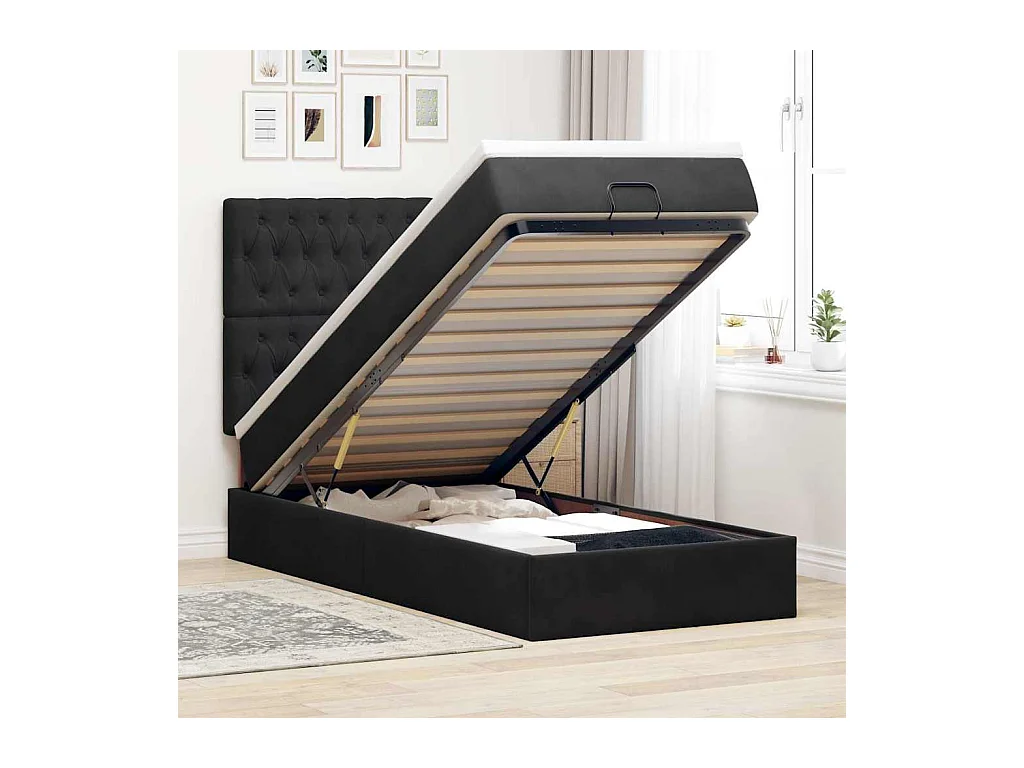 Cadre de lit ottoman avec matelas noir 90x200 cm velours