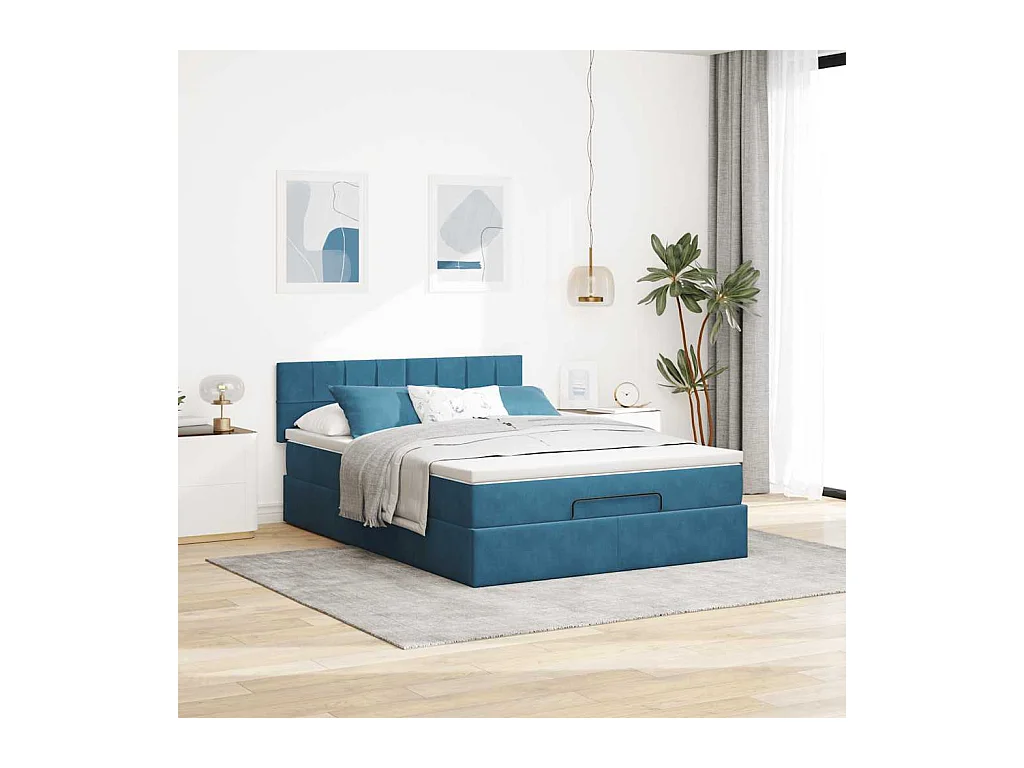 Cadre de lit ottoman avec matelas bleu foncé 140x190 cm velours