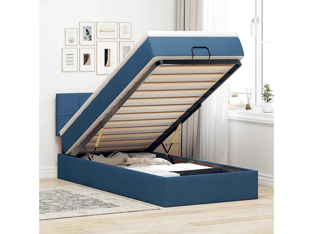 Lit ottoman avec matelas et LED Bleu 90x200 cm Tissu
