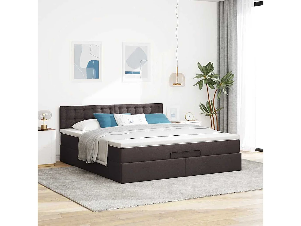 Estrutura de cama otomana com colchão tecido castanho escuro
