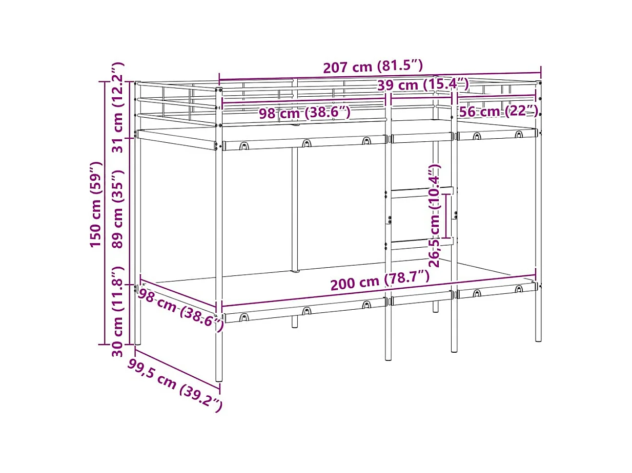 Etagenbett ohne Matratze Schwarz 100x200 cm Stahl