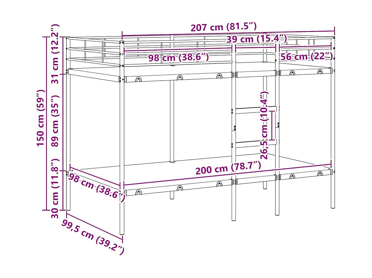 Etagenbett ohne Matratze Schwarz 100x200 cm Stahl