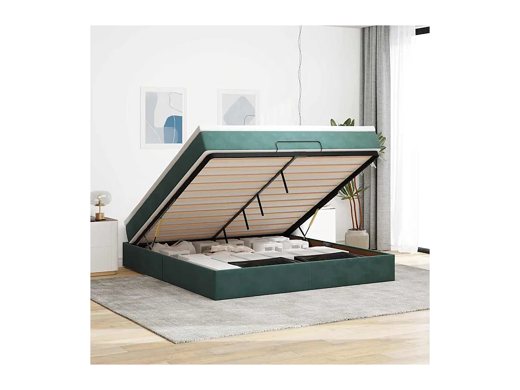 Cadre de lit ottoman avec matelas vert foncé 160x200 cm velours
