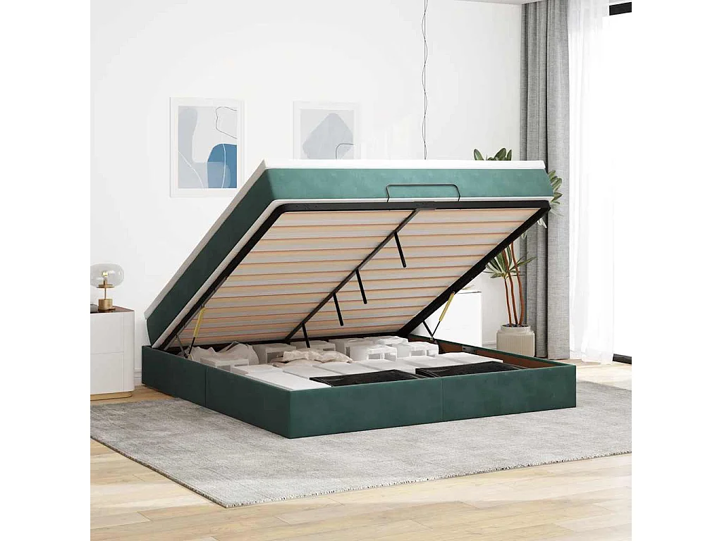 Cadre de lit ottoman avec matelas vert foncé 160x200 cm velours
