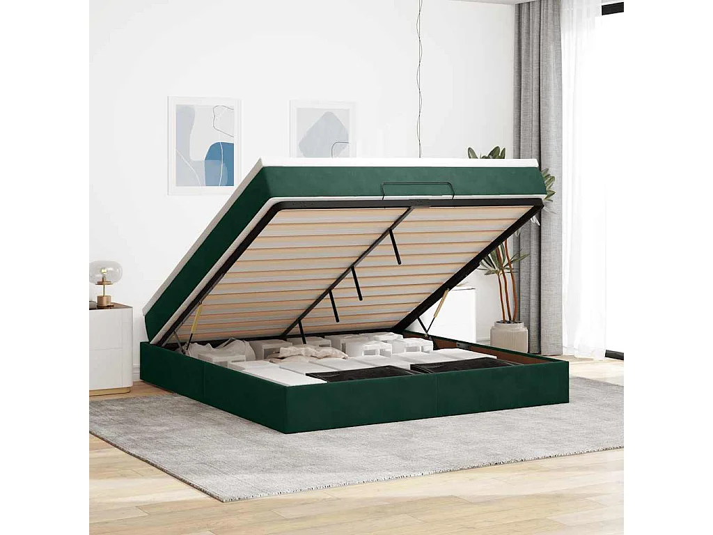Cadre de lit ottoman avec matelas vert foncé 160x200 cm velours