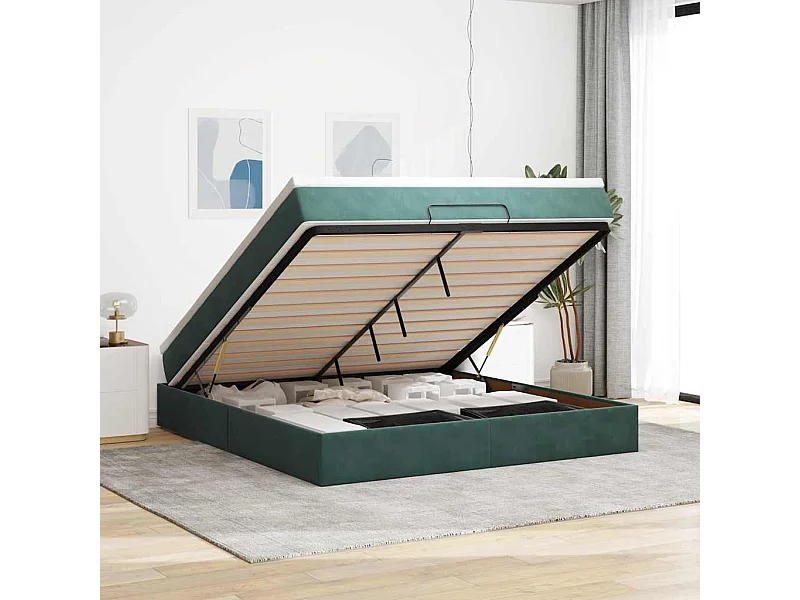 Cadre de lit ottoman avec matelas vert foncé 160x200 cm velours