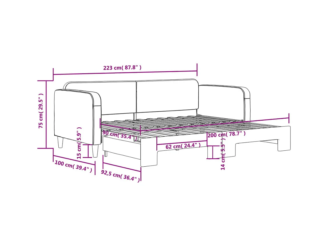 Lit de jour avec gigogne sans matelas taupe 90x200 cm