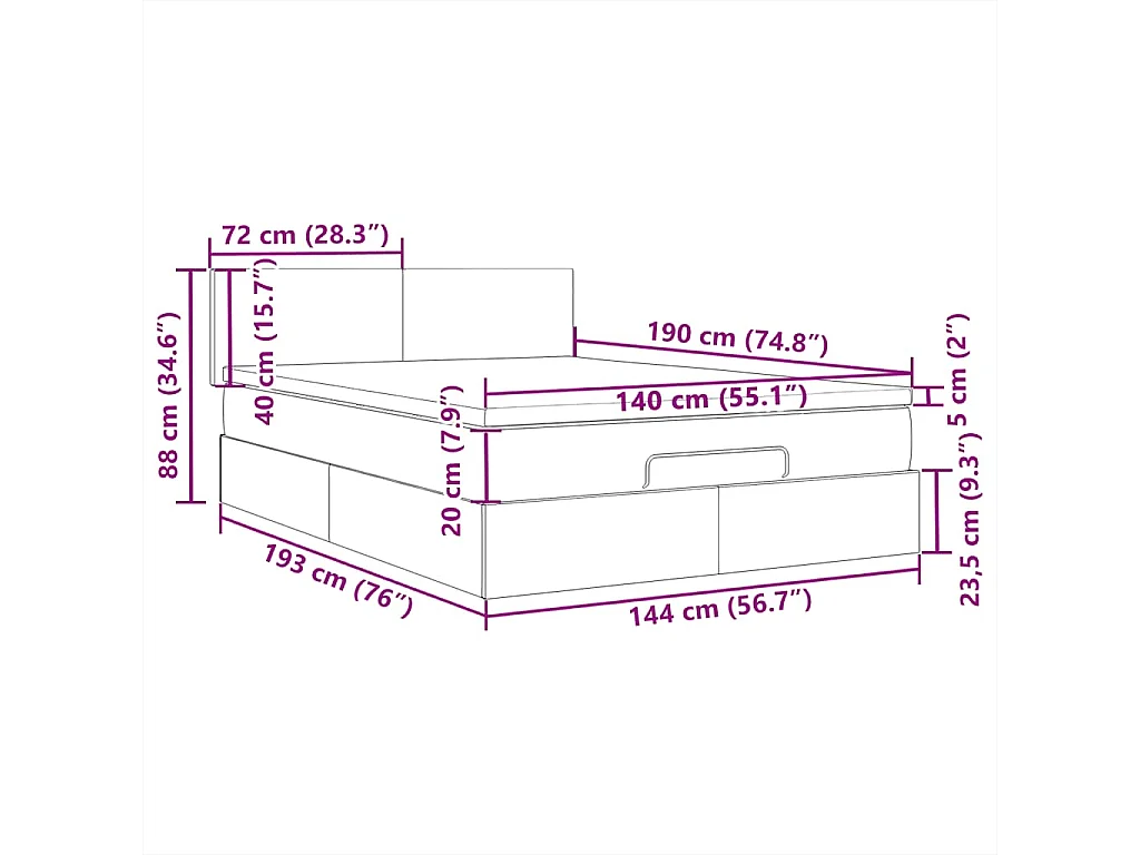 Cama Otomana com Colchão & LEDs Preto 140x190cm Tecido