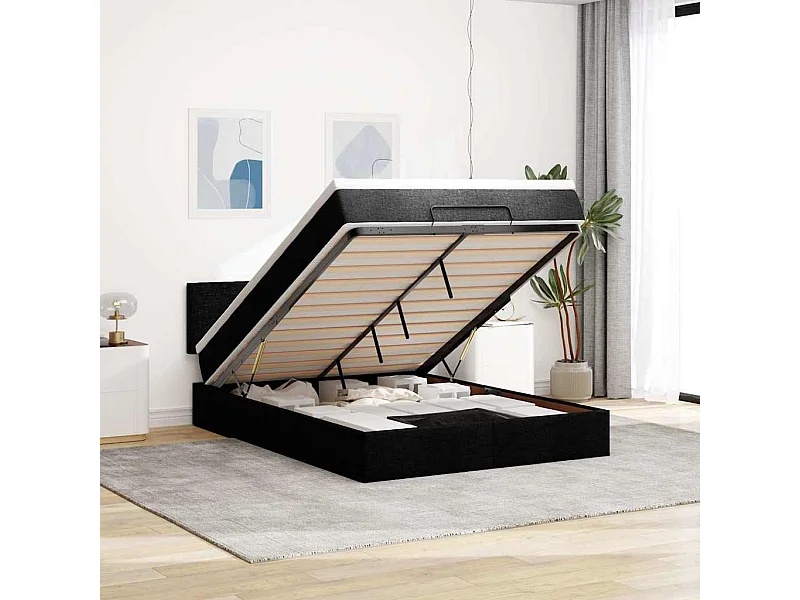 Cama Otomana com Colchão & LEDs Preto 140x190cm Tecido