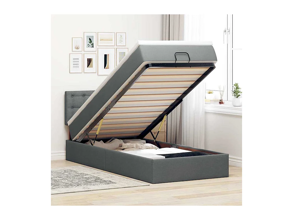Ottoman-Bett mit Matratze & LEDs Dunkelgrau 90x190 cm Stoff