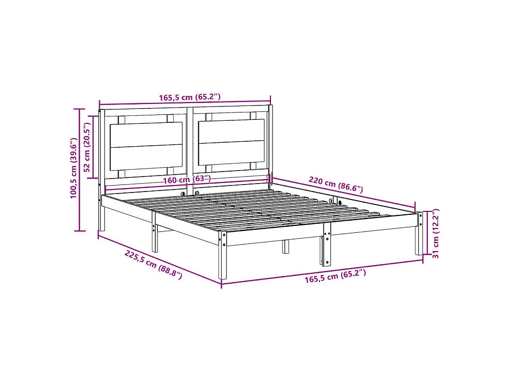 Massivholzbett Extra Lang ohne Matratze Weiß 160x220 cm