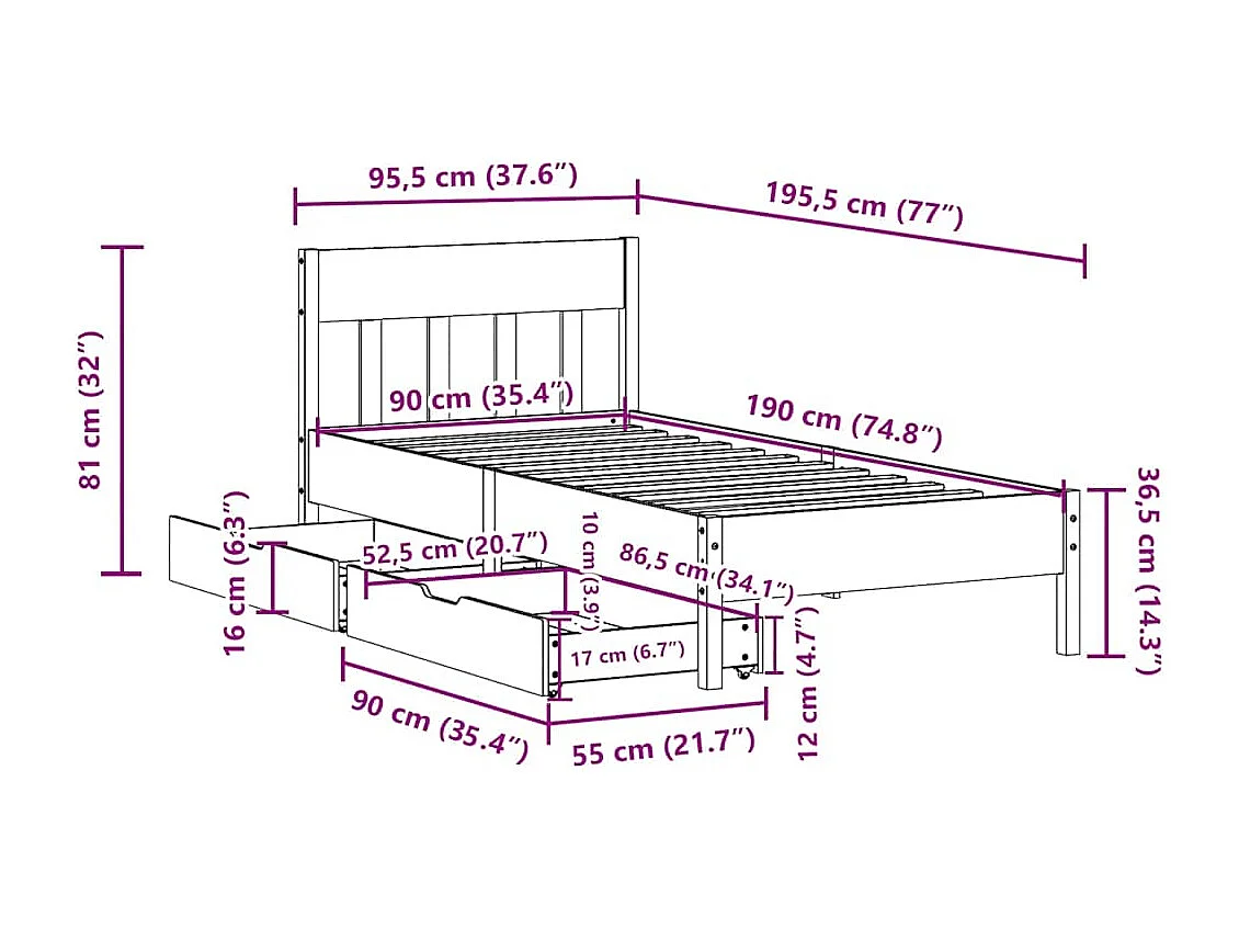 Bedframe zonder matras massief grenenhout 90x190 cm