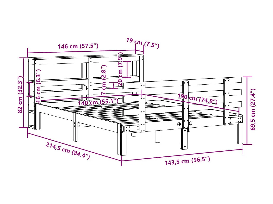 Bedframe met hoofdbord massief grenenhout wasbruin 140x190 cm