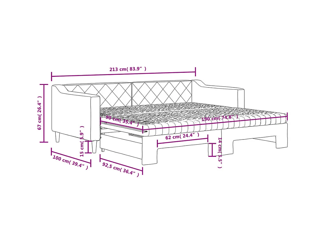 Lit de jour avec gigogne et matelas gris clair 90x190 cm tissu