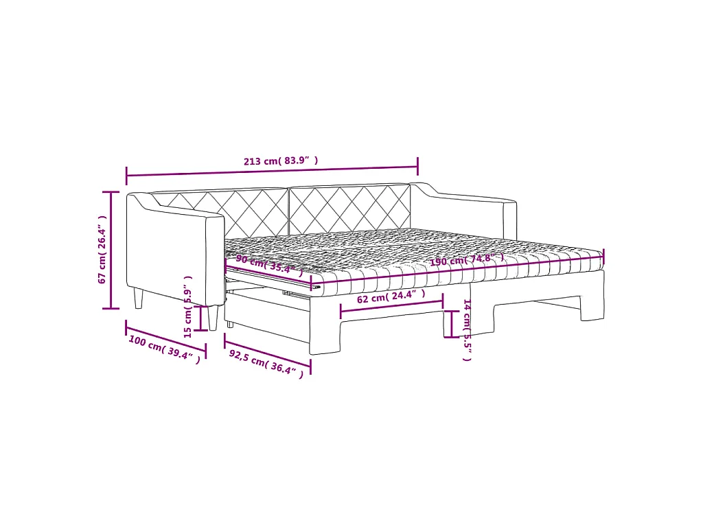 Slaapbank onderschuifbed en matrassen 90x190 cm stof lichtgrijs