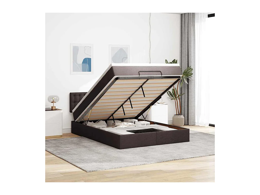 Cadre de lit ottoman avec matelas marron foncé 140x200 cm tissu