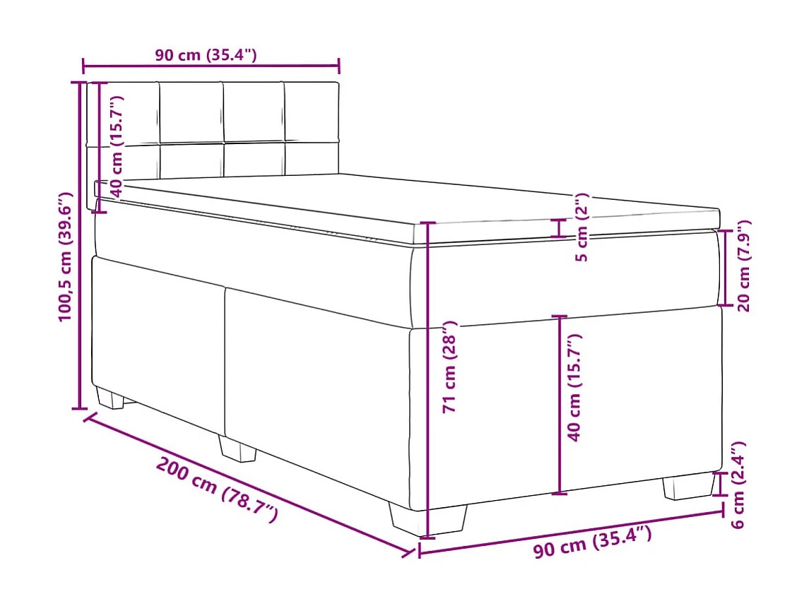 Cama box spring con colchón terciopelo gris oscuro 90x200 cm