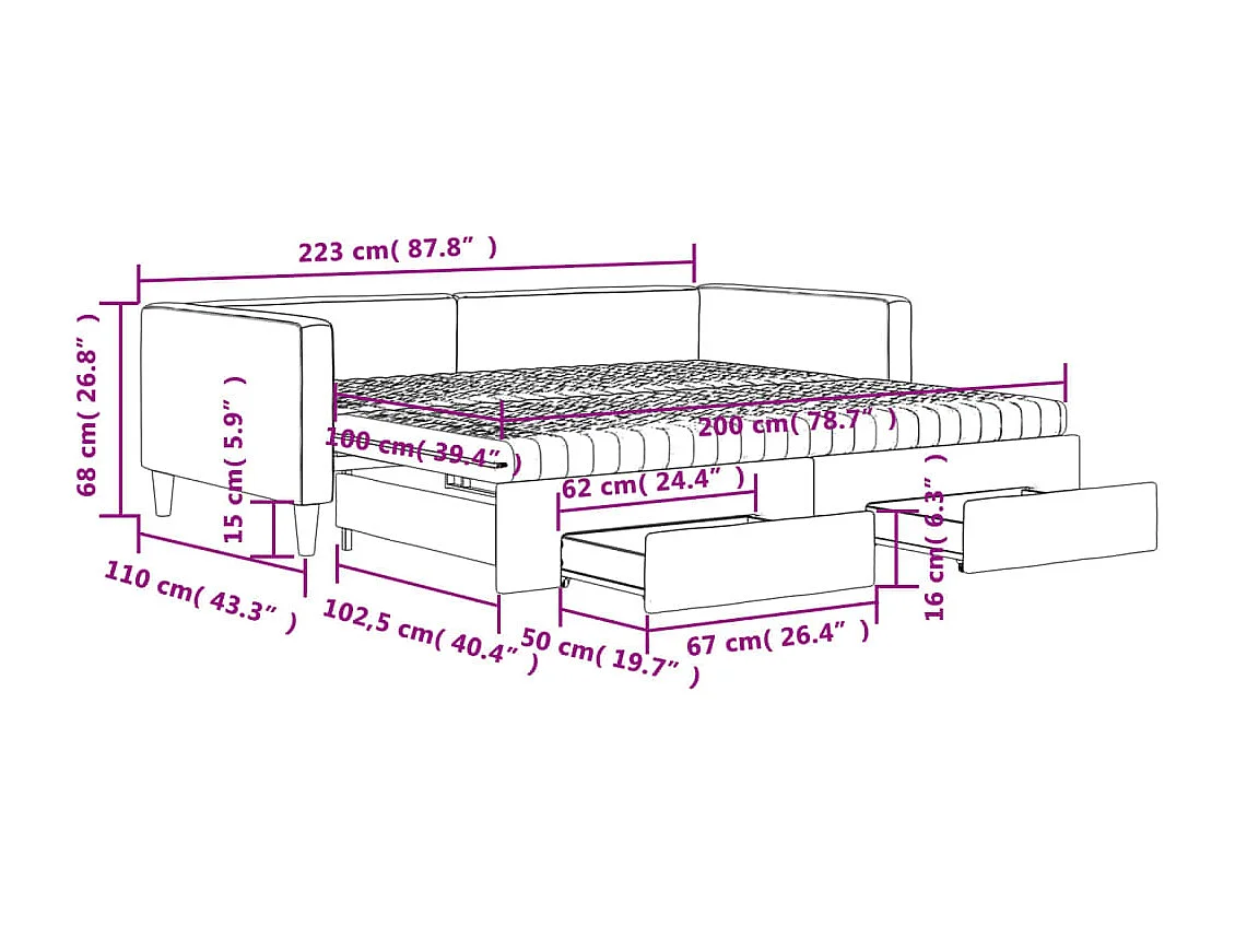 Slaapbank met onderschuifbed en lades 100x200 cm stof crème
