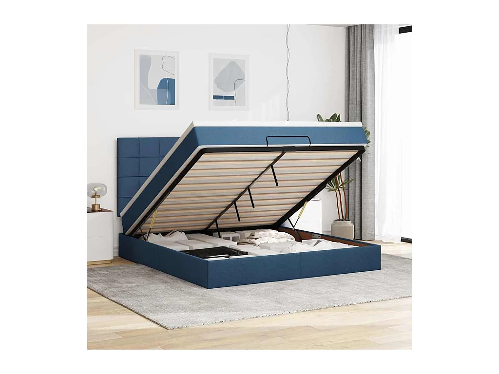Cadre de lit ottoman avec matelas bleu 180x200 cm tissu