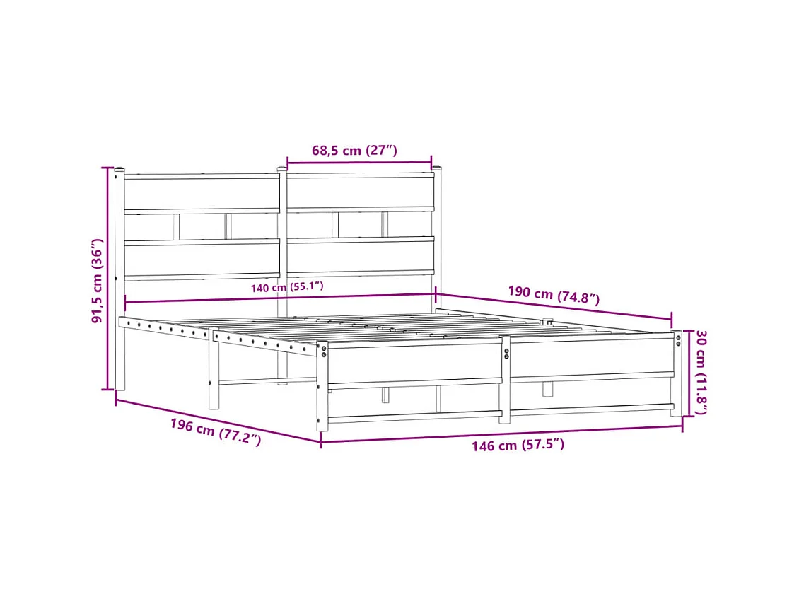 Cadre de lit en métal sans matelas chêne fumé 140x190 cm