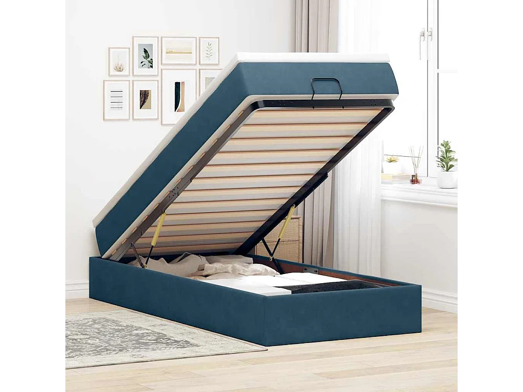 Cadre de lit ottoman avec matelas bleu foncé 90x200 cm velours