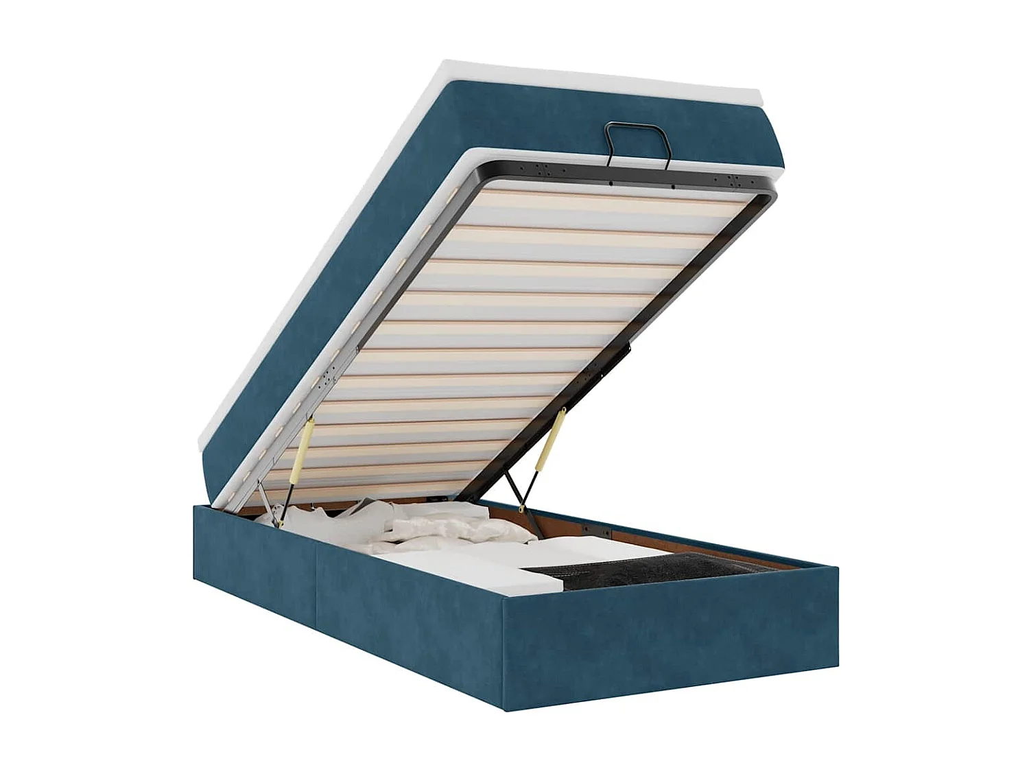 Estructura de cama otomana colchón terciopelo azul oscuro