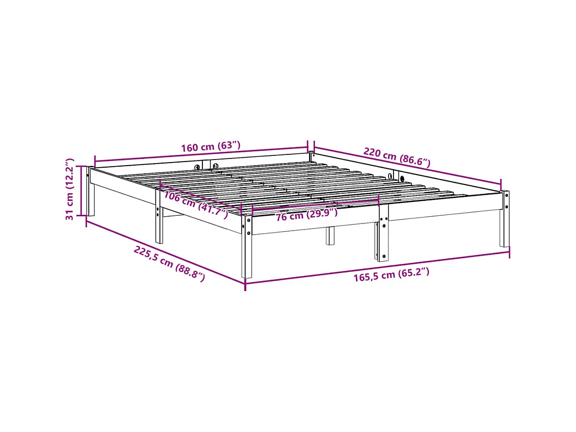 Cadre de lit extra long sans matelas 160x220 cm bois massif pin