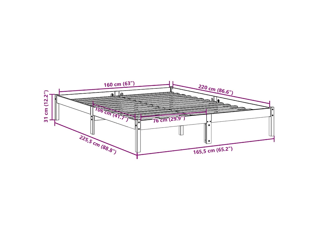Cadre de lit extra long sans matelas 160x220 cm bois massif pin