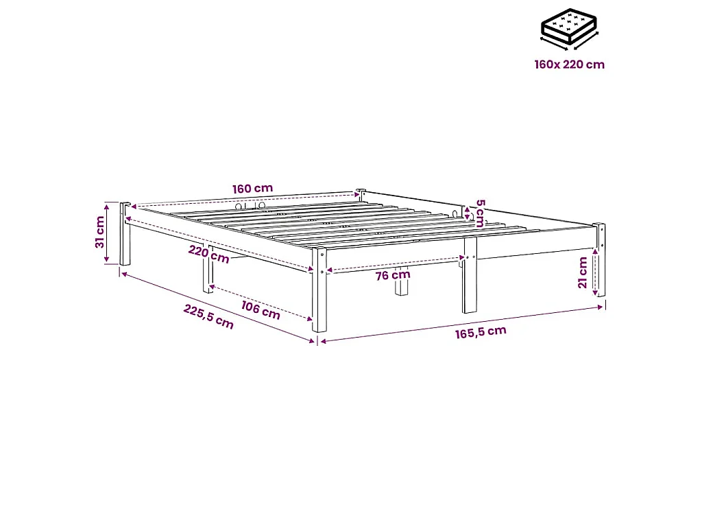 Cadre de lit extra long sans matelas 160x220 cm bois massif pin