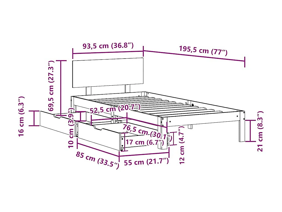 Estrutura de cama com gavetas 90x190 cm pinho maciço branco