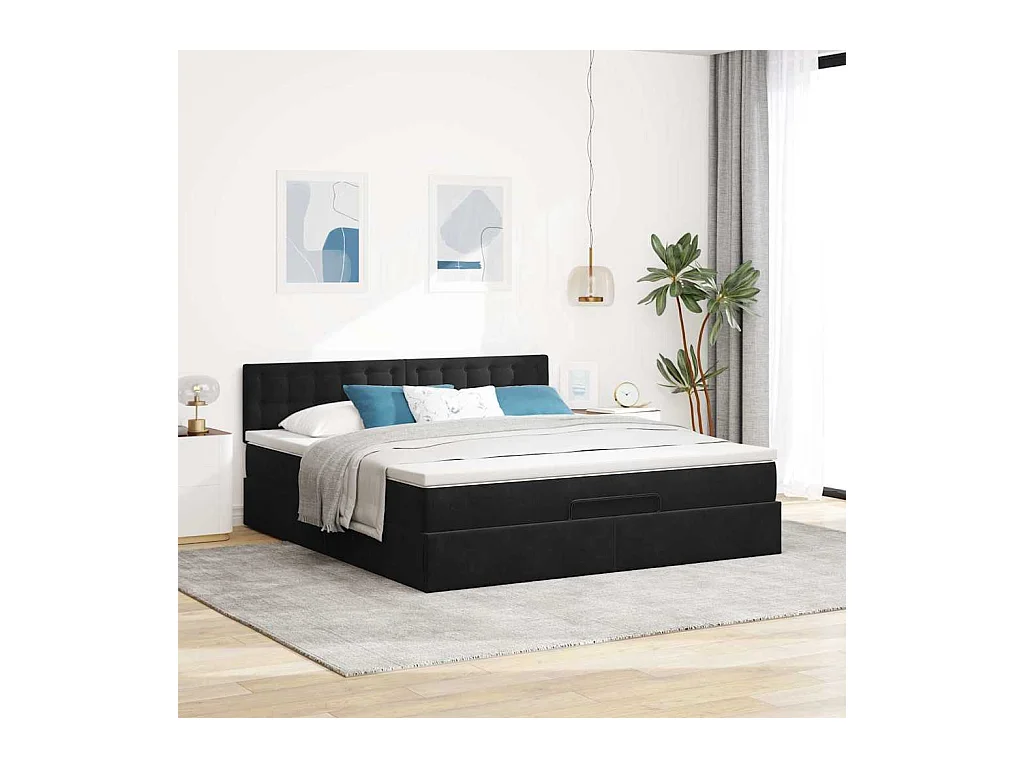 Ottoman-Bett mit Matratze & LEDs Schwarz 160x200 cm Samt