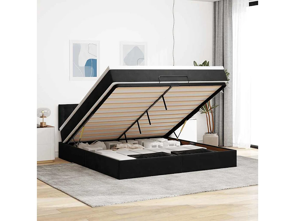 Struttura Letto Pouf con Materasso Nero 160x200 cm in Velluto