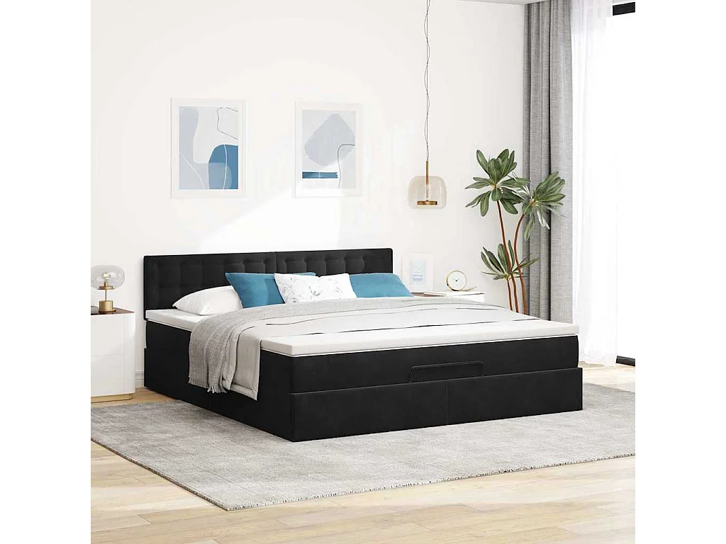 Struttura Letto Pouf con Materasso Nero 160x200 cm in Velluto