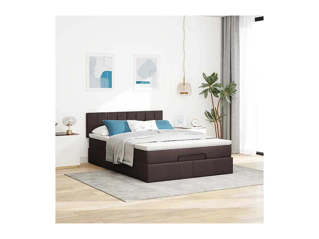 Cadre de lit ottoman avec matelas marron foncé 140x200 cm tissu